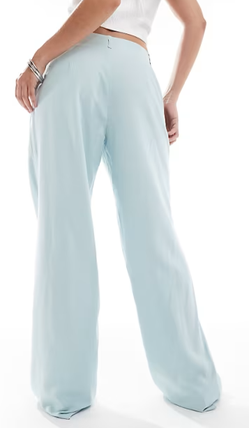 Stradivarius low waist linen look tailored trouser in pale blue, M