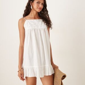 Pimkie broderie low back ruffle mini dress in white, Size: S