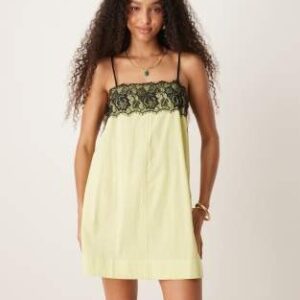 Lace overlay mini cami dress in washed lime, Size: UK8