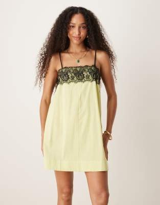 Lace overlay mini cami dress in washed lime, Size: UK8