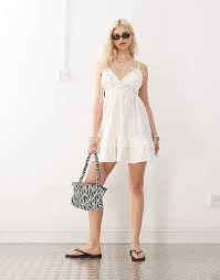 COLLUSION volume frill hem cami strap mini dress in white, Size:UK6