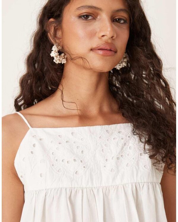 Pimkie broderie low back ruffle mini dress in white, Size: S